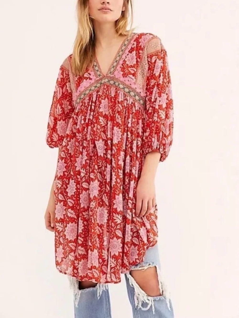 Free People Moon Child Maxi Top Large Pink Red Floral Crochet Boho Tunic